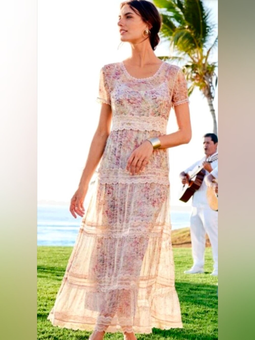 Boho Lace Trim Floral Maxi Dress in Neutral Peach